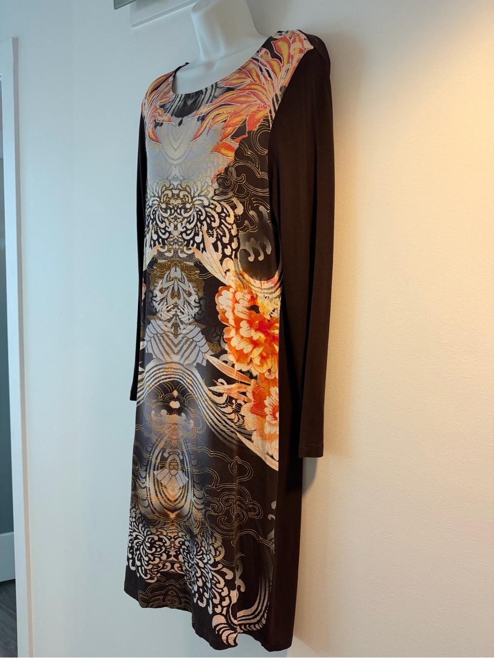 Olsen Europe Brown Long-Sleeve Floral Print Shift Dress Sz M 10